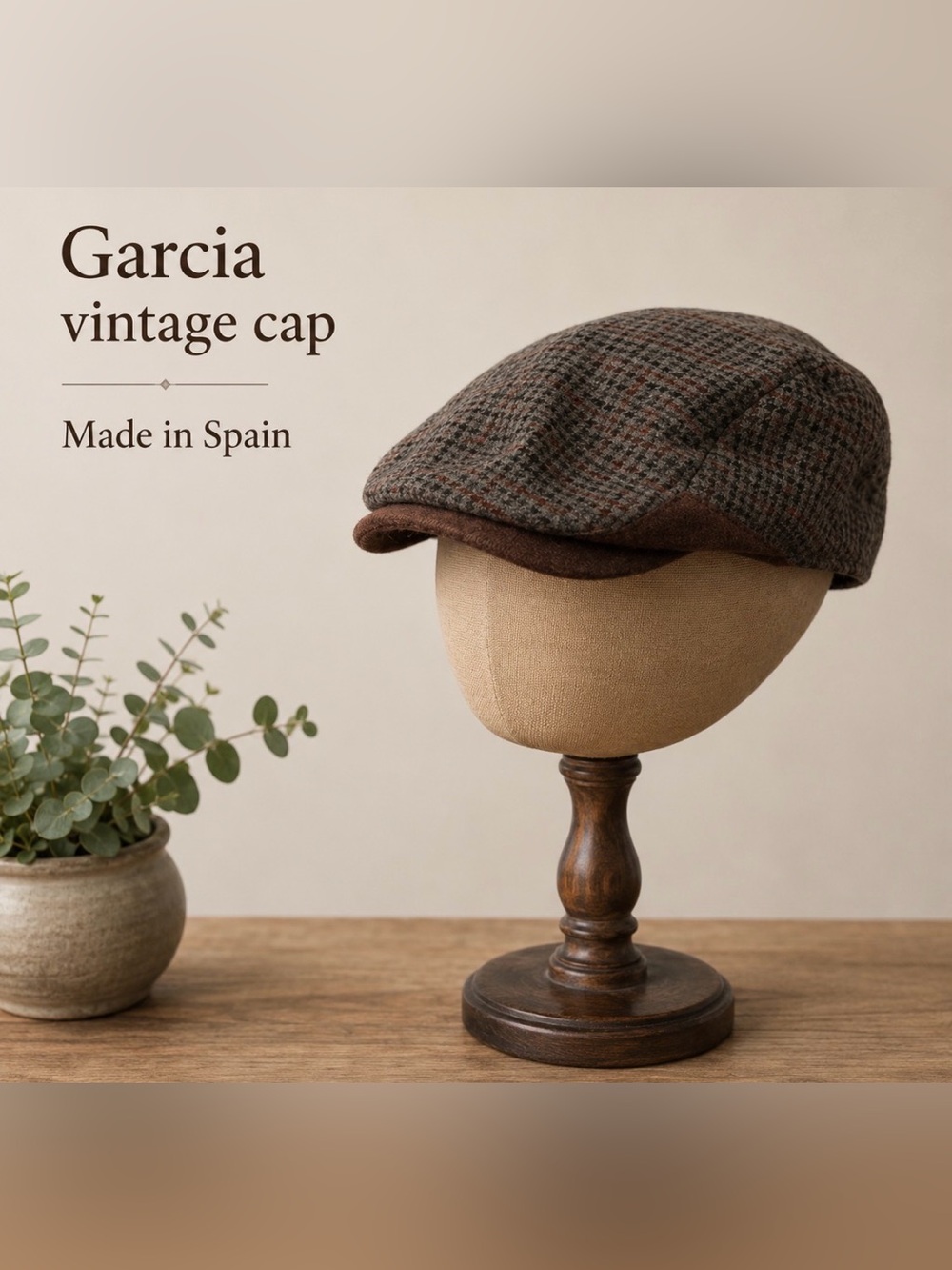Garcia, made in Spain - wool blend- Brown and Green Checkered Cap